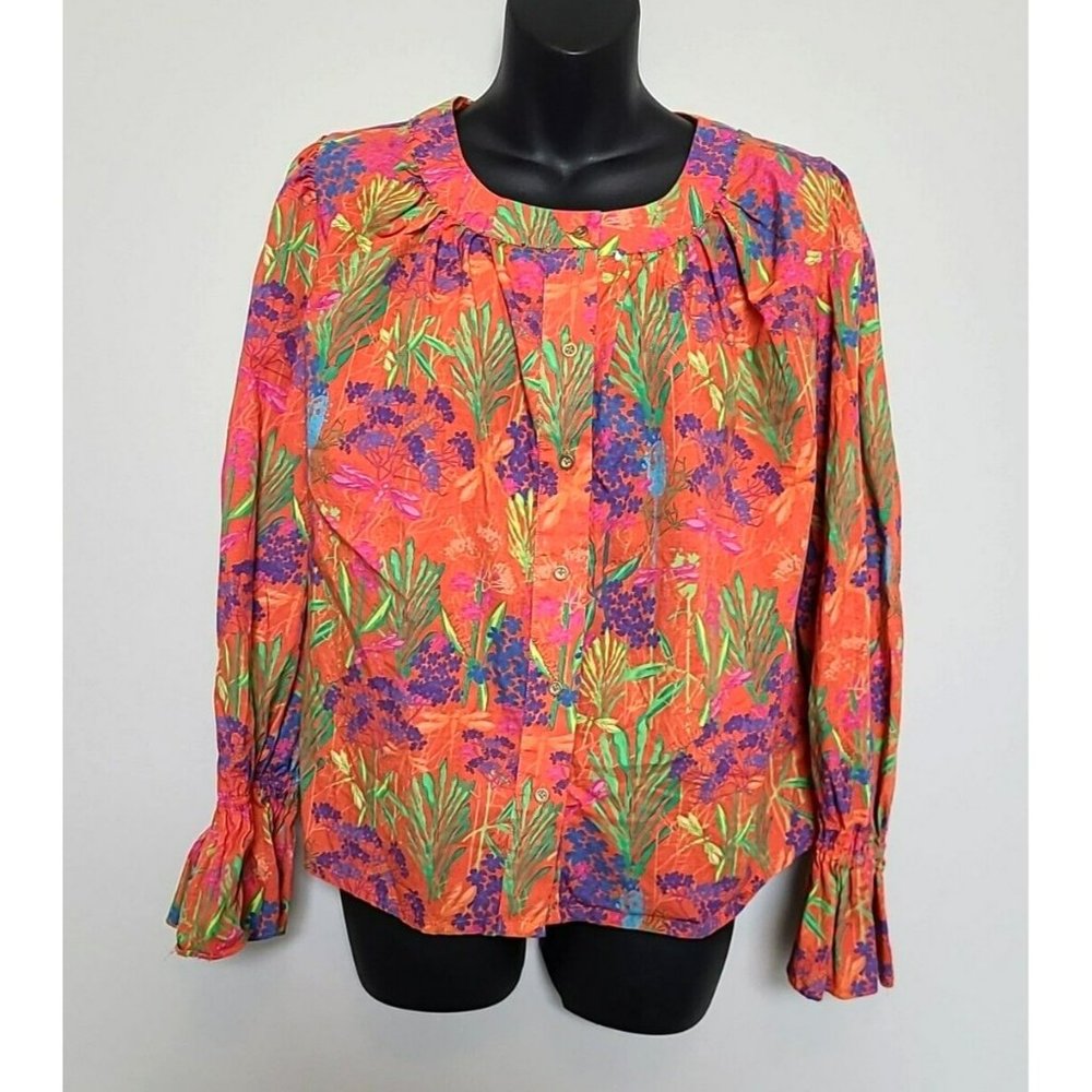 Roopa Pemmaraju XS Top Orange Floral Dragonfly beads around collar Blouse